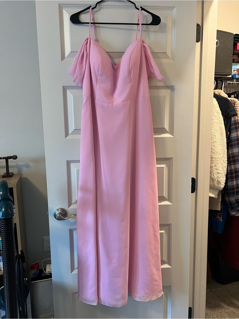 Azazie Pink Off-Shoulder Spaghetti Strap Maxi Dress